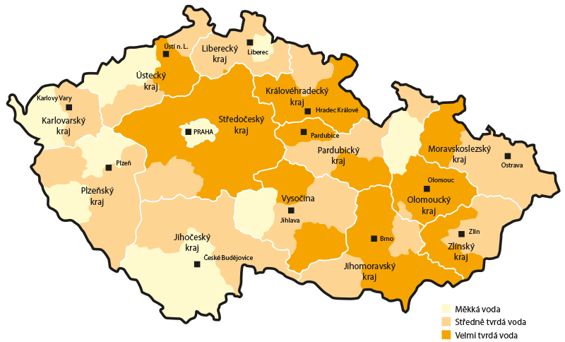 Mapa ČR tvrdosti vody
