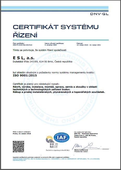 Certifikát systému řízení ISO 9001